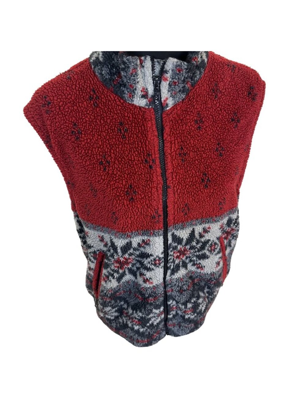 Vtg Womens Nordic Pattern Vest Sherpa Fleece Red & Gray Outerwear Large